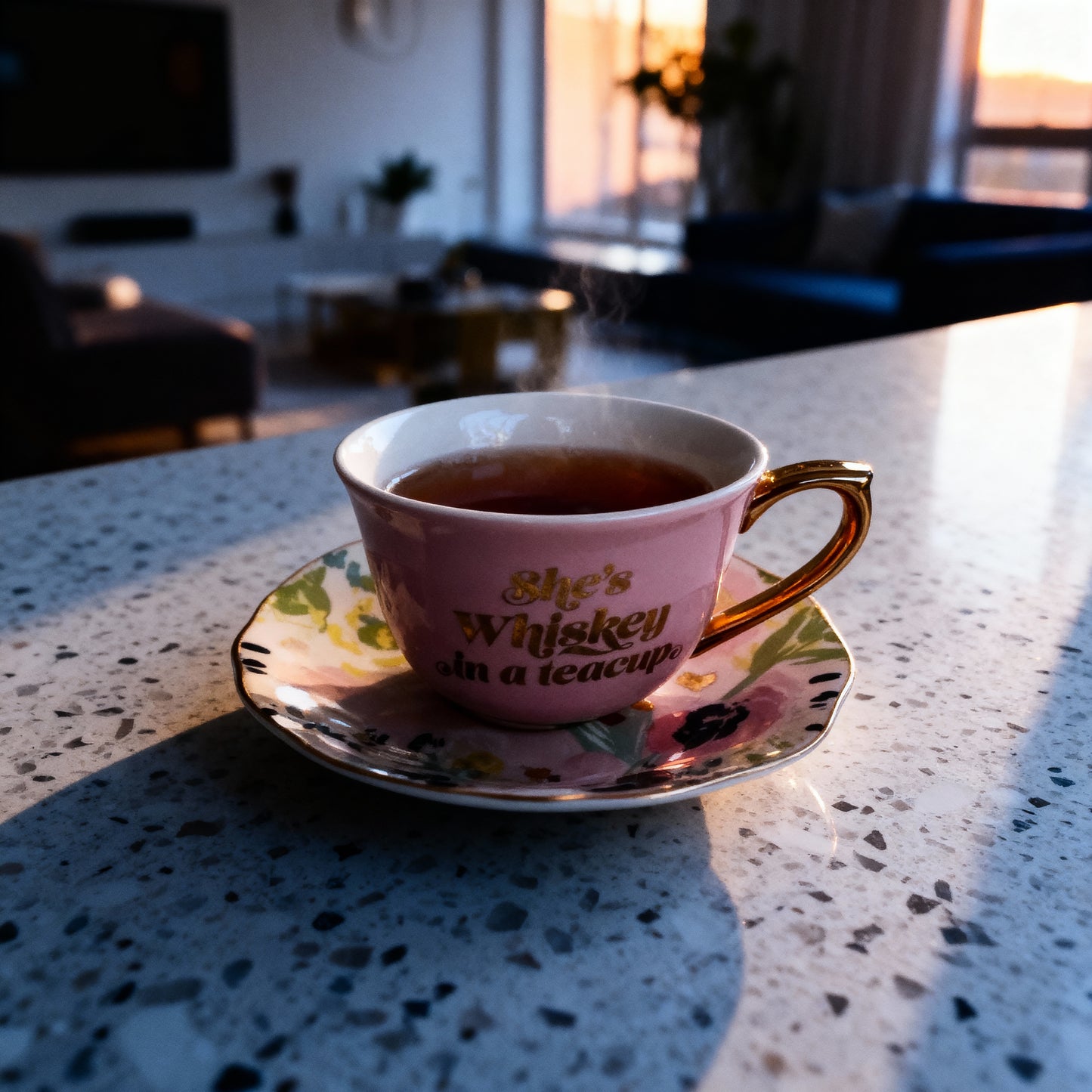 She's Whiskey in a Tea Cup and Saucer Set in Pink and Floral