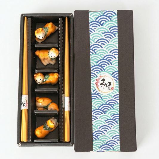Shiba Inu Chopsticks Gift Set | 5 Pair Bamboo Chopsticks with Porcelain Rests | Gift Box Packaging