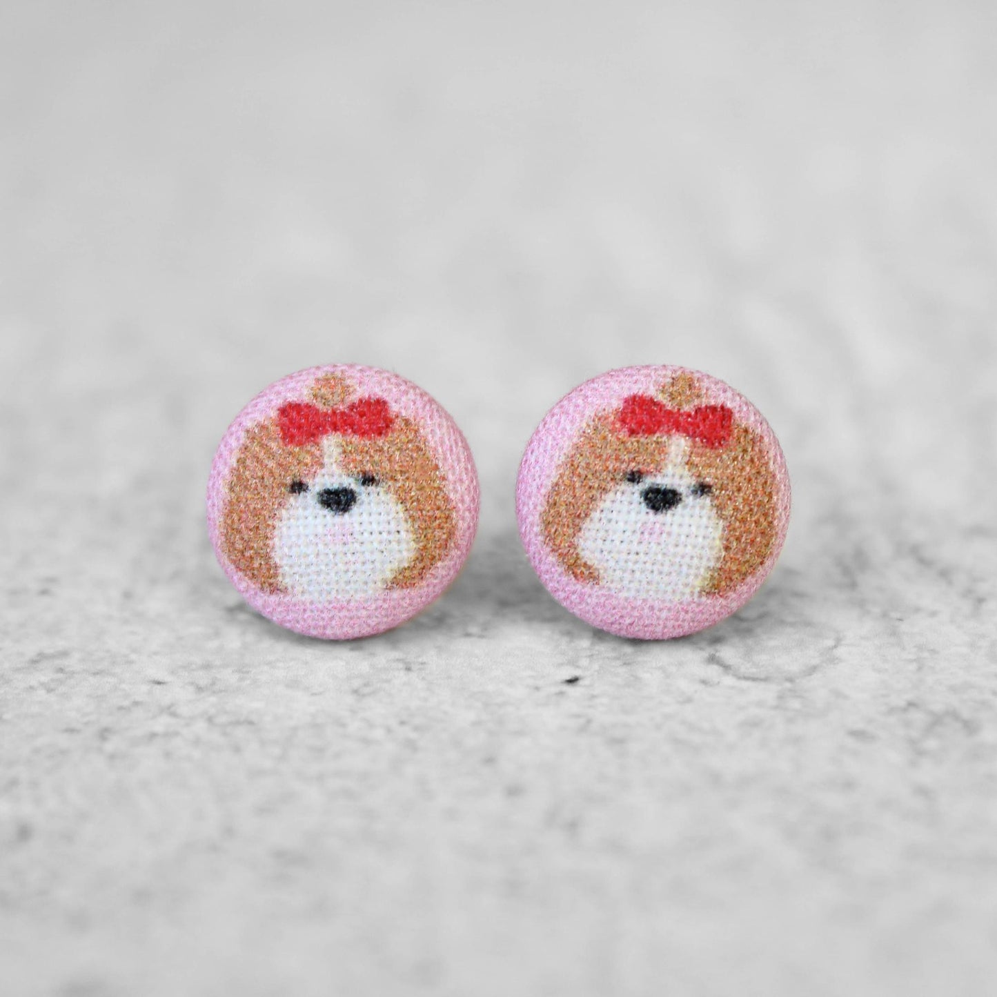 Fluffy Dog with Bow Fabric Button Earrings | Handmade in the US