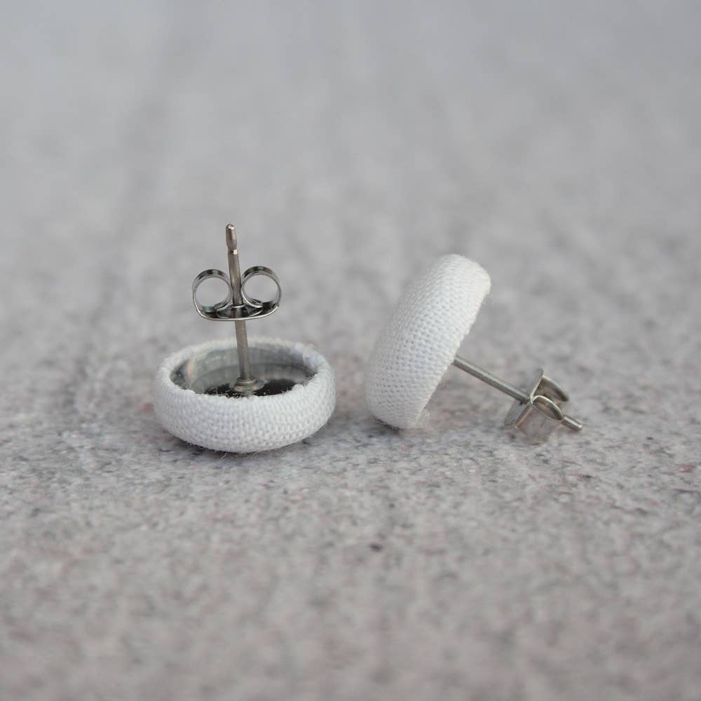 Fluffy Dog with Bow Fabric Button Earrings | Handmade in the US