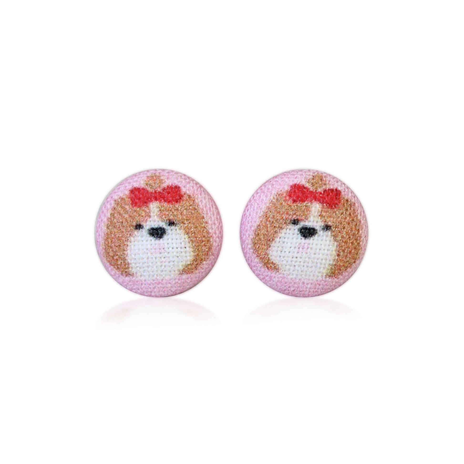 Fluffy Dog with Bow Fabric Button Earrings | Handmade in the US