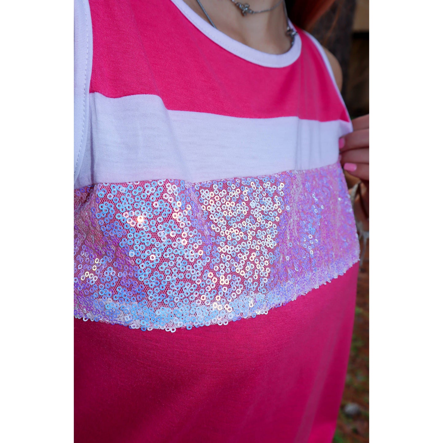 Shimmer Stripe Sequin Tank Top in Hot Pink | Pink Pony Cowgirl Tank Top [Only Size SM remaining]