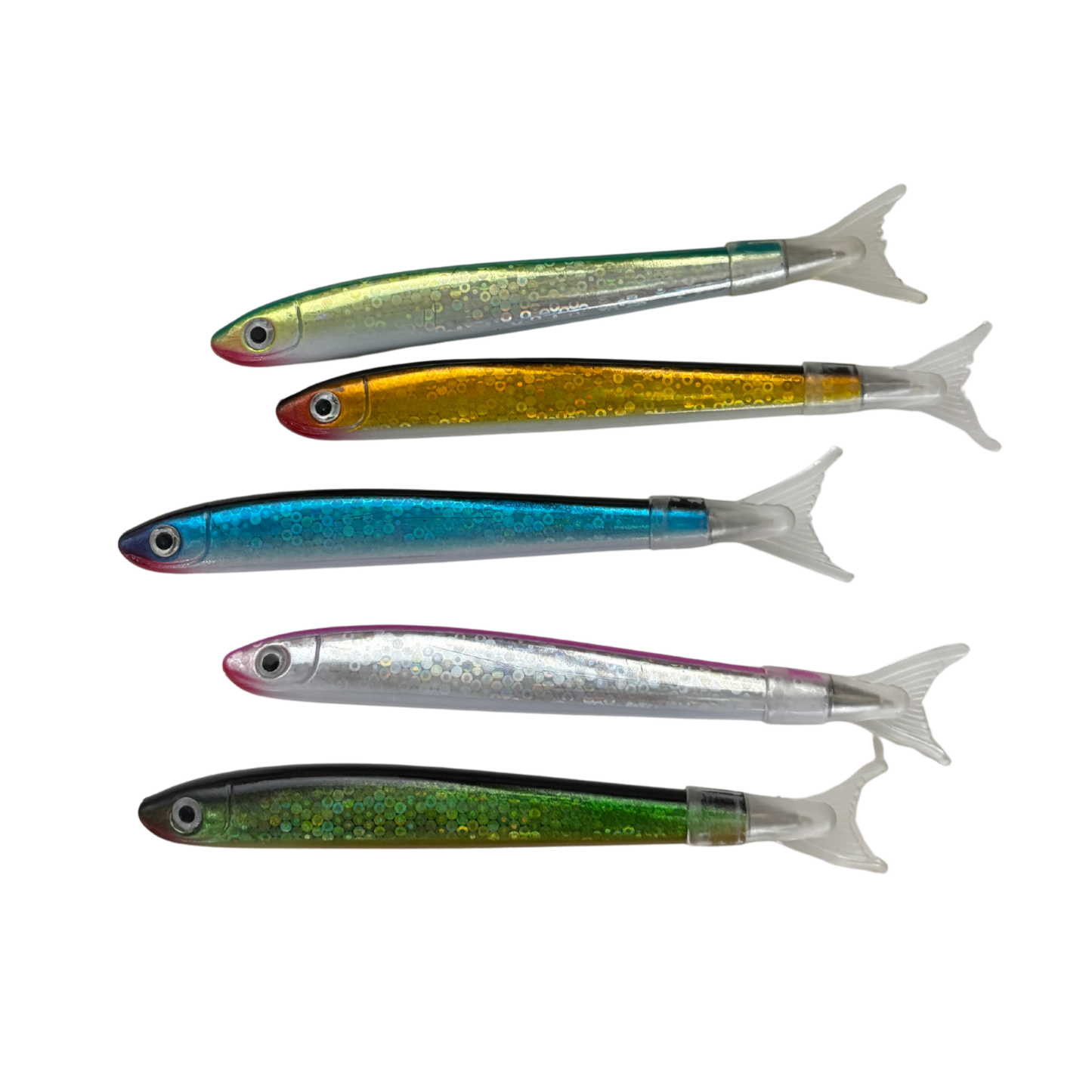 Shimmery Sardine Pens | Set of 5 | Blue Ink Ballpoint | 5"