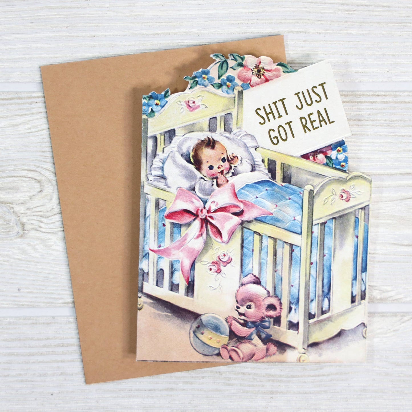 Shit Just Got Real Sarcastic Baby Shower Card | Blank Greeting Card