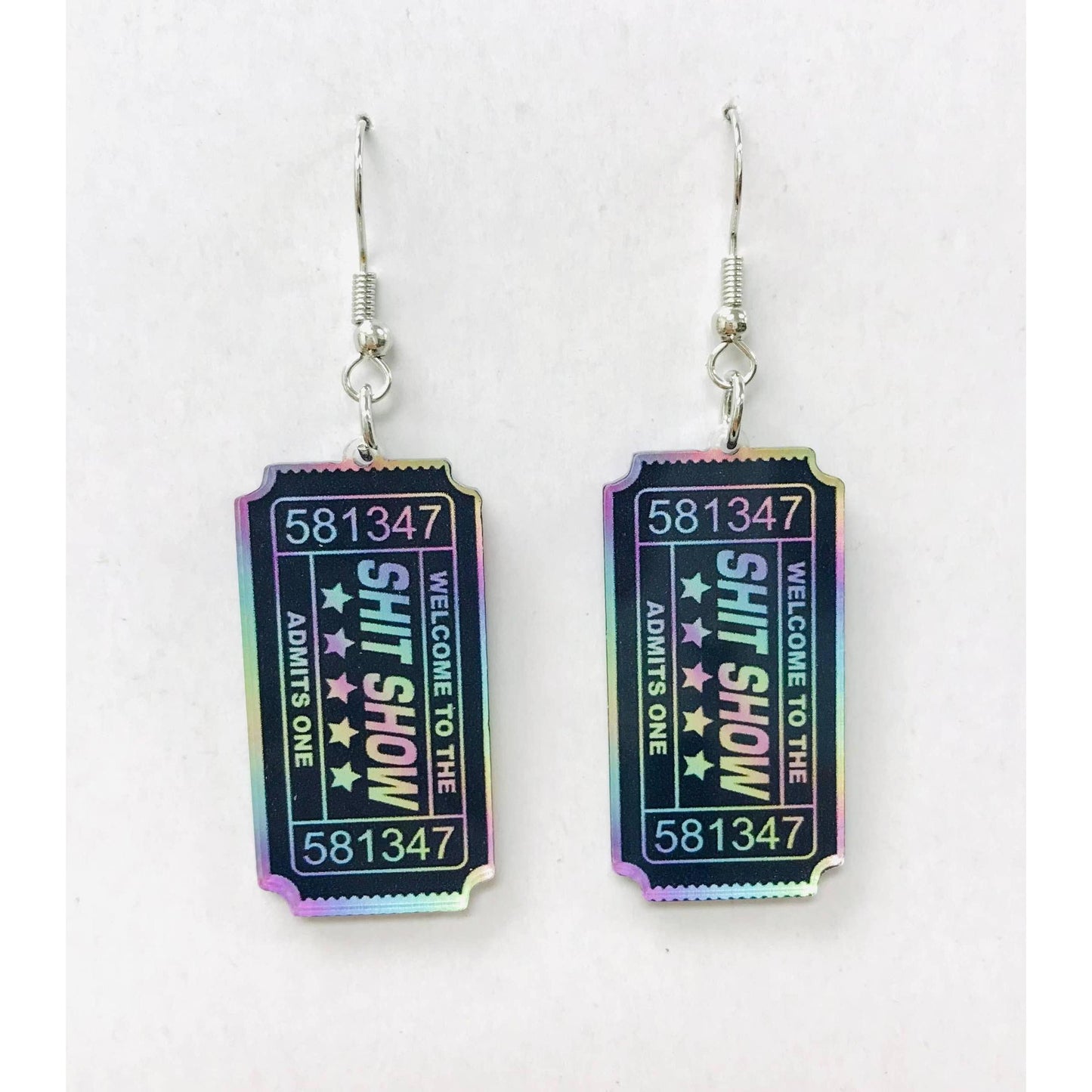 Holographic earrings with Shit Show text on ticket-inspired design