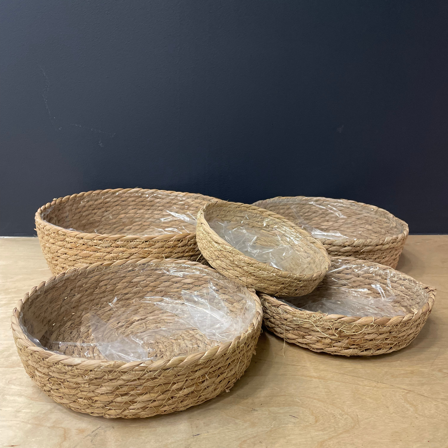 Short Lined Baskets Set of 5 | Woven Seagrass Container Bin Set