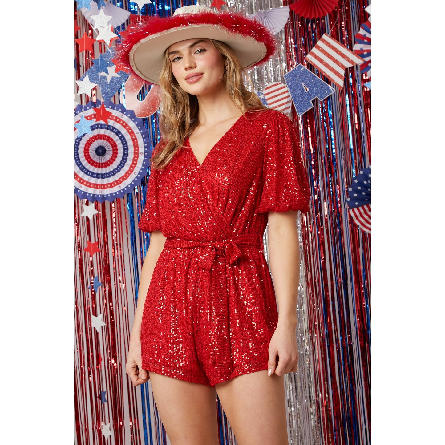 Short Puff Sleeve Sequin Romper in Red [Sizes SM-L]