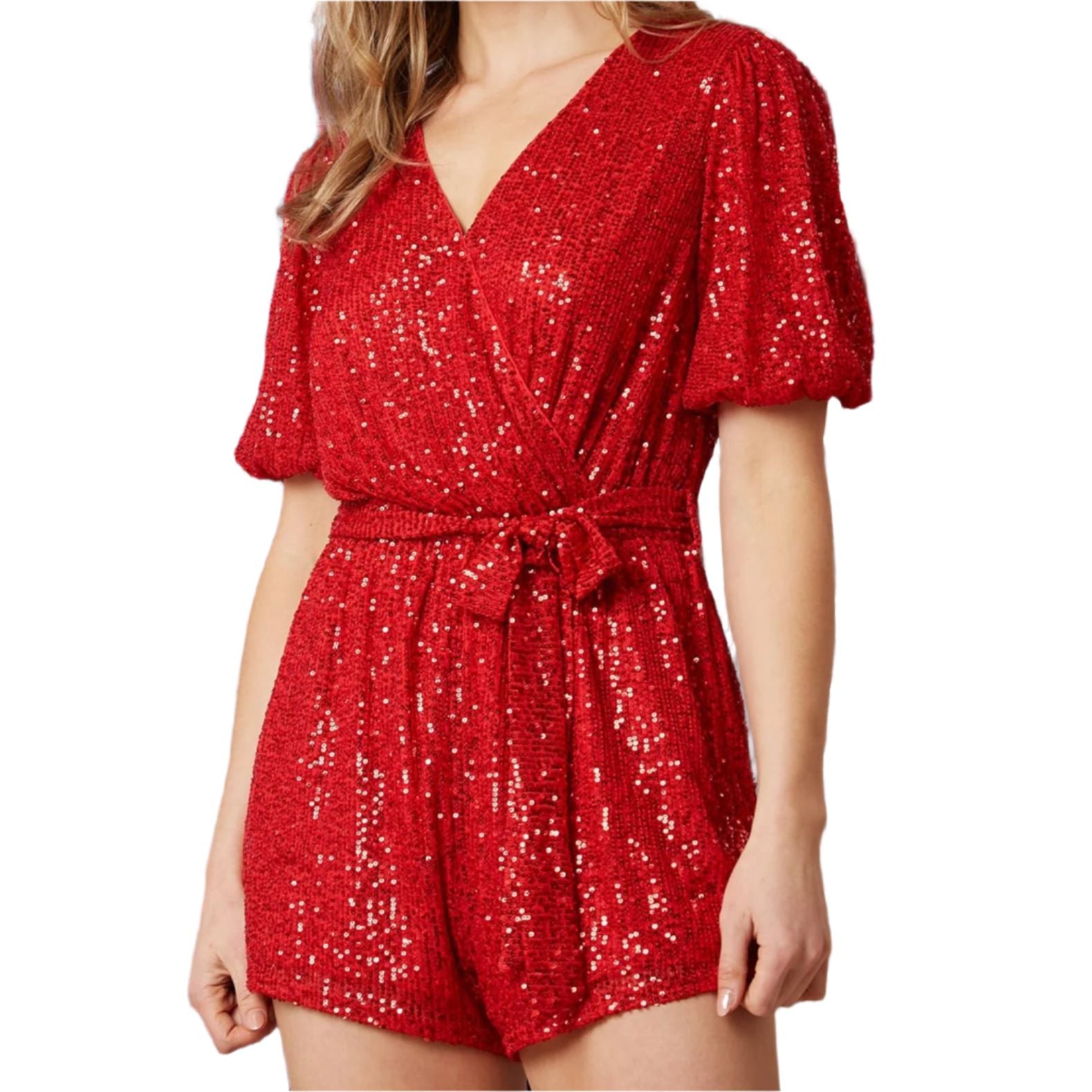 Short Puff Sleeve Sequin Romper in Red [Sizes SM-L]