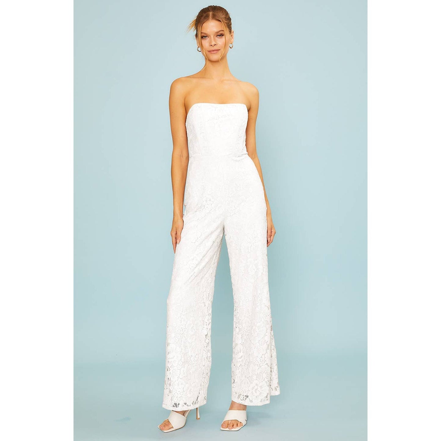 Side Zipper Back Corset Lace Jumpsuit in White | Sleeveless Wide Leg Pants Formal Attire | [Sizes SM-L]