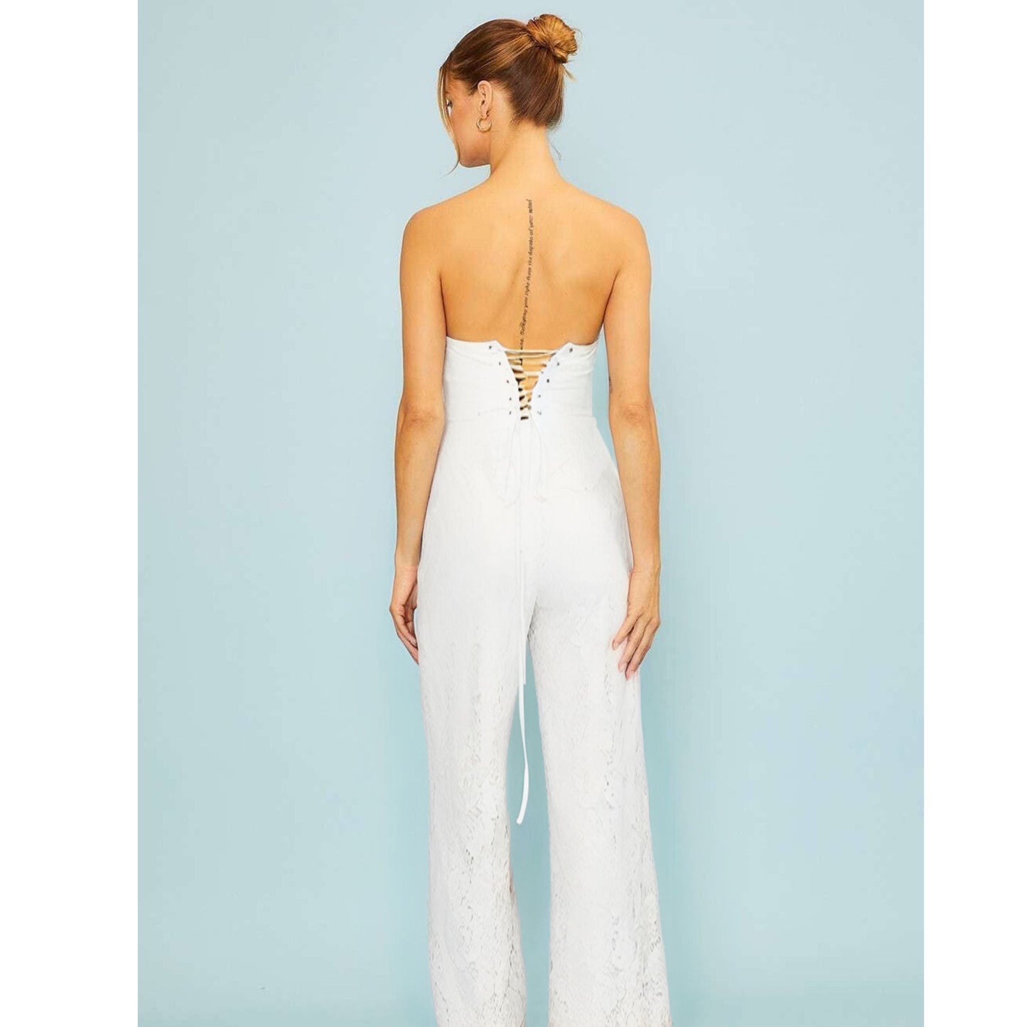 Side Zipper Back Corset Lace Jumpsuit in White | Sleeveless Wide Leg Pants Formal Attire | [Sizes SM-L]