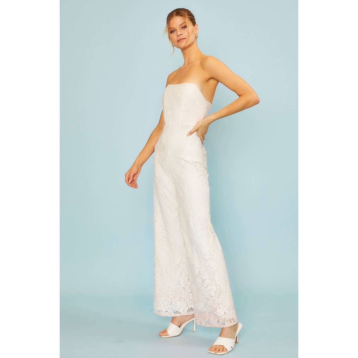 Side Zipper Back Corset Lace Jumpsuit in White | Sleeveless Wide Leg Pants Formal Attire | [Sizes SM-L]