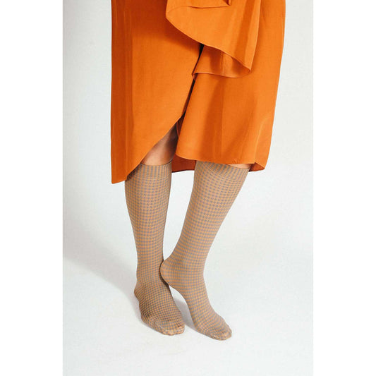 Silk Houndstooth Nylon Socks in Hounds Brown | Silky Mid Calf Socks | Retro Style Women 7 to 10