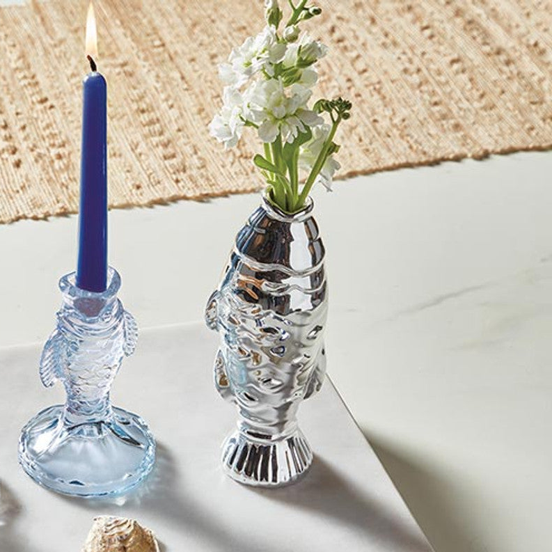 Silver Fish Accent Vase | Dolomite Decorative Fish Sculpture | 7"H