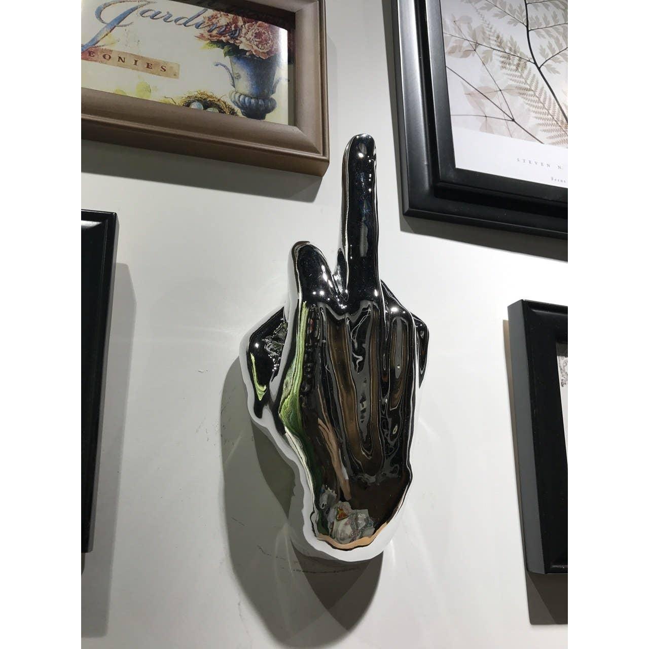 Silver Middle Finger Wall Mounted Hook | Modern Ceramic Statement Sculpture | 7" Tall