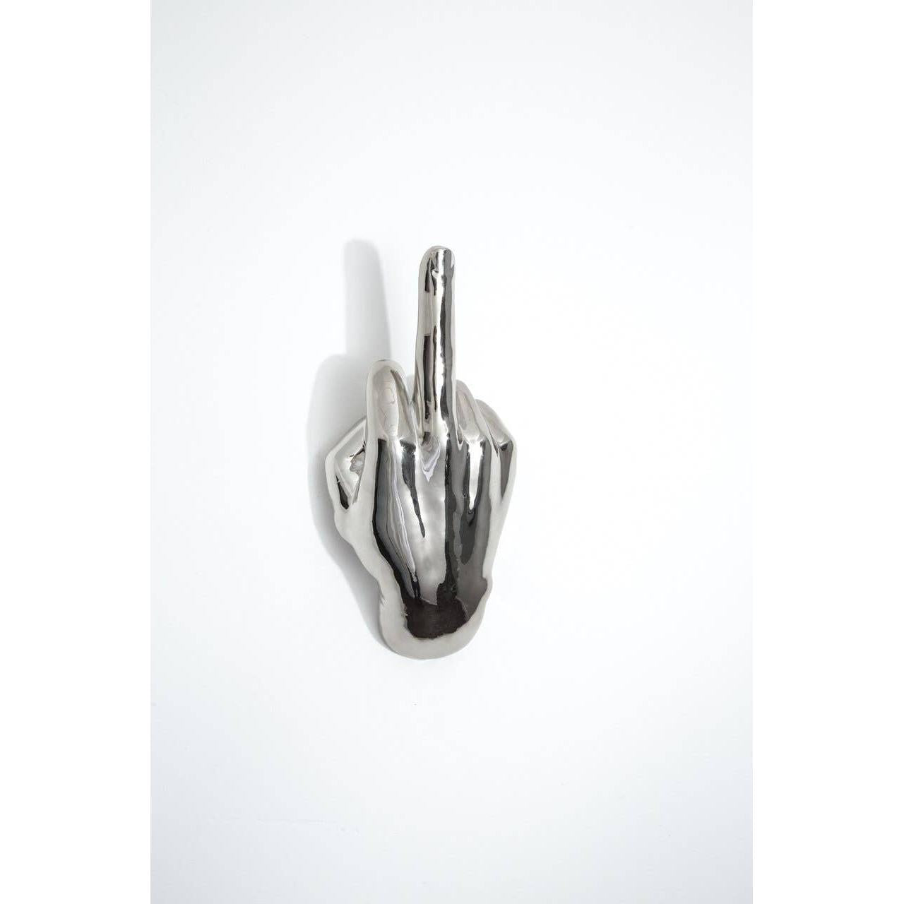 Silver Middle Finger Wall Mounted Hook | Modern Ceramic Statement Sculpture | 7" Tall
