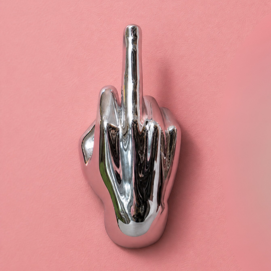 Silver Middle Finger Wall Mounted Hook | Modern Ceramic Statement Sculpture | 7" Tall-Interior Illusions Plus-The Bullish Store