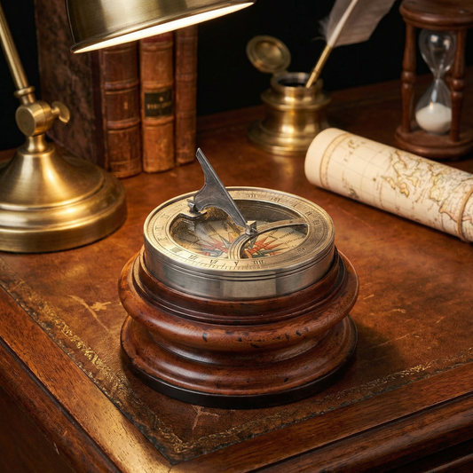 Silver Sundial Compass on Stand | Classic Explorer Scientific Instrument