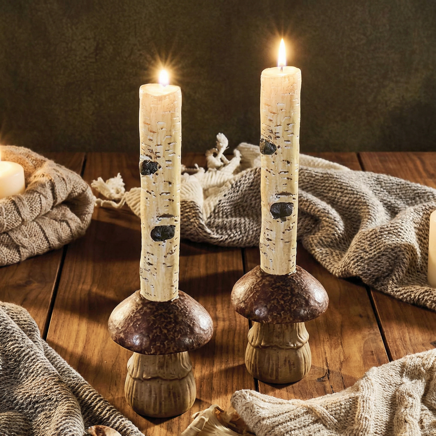 Single Brown Mushroom Candle Holder | Individual Rustic Stoneware Woodland Mushroom Décor