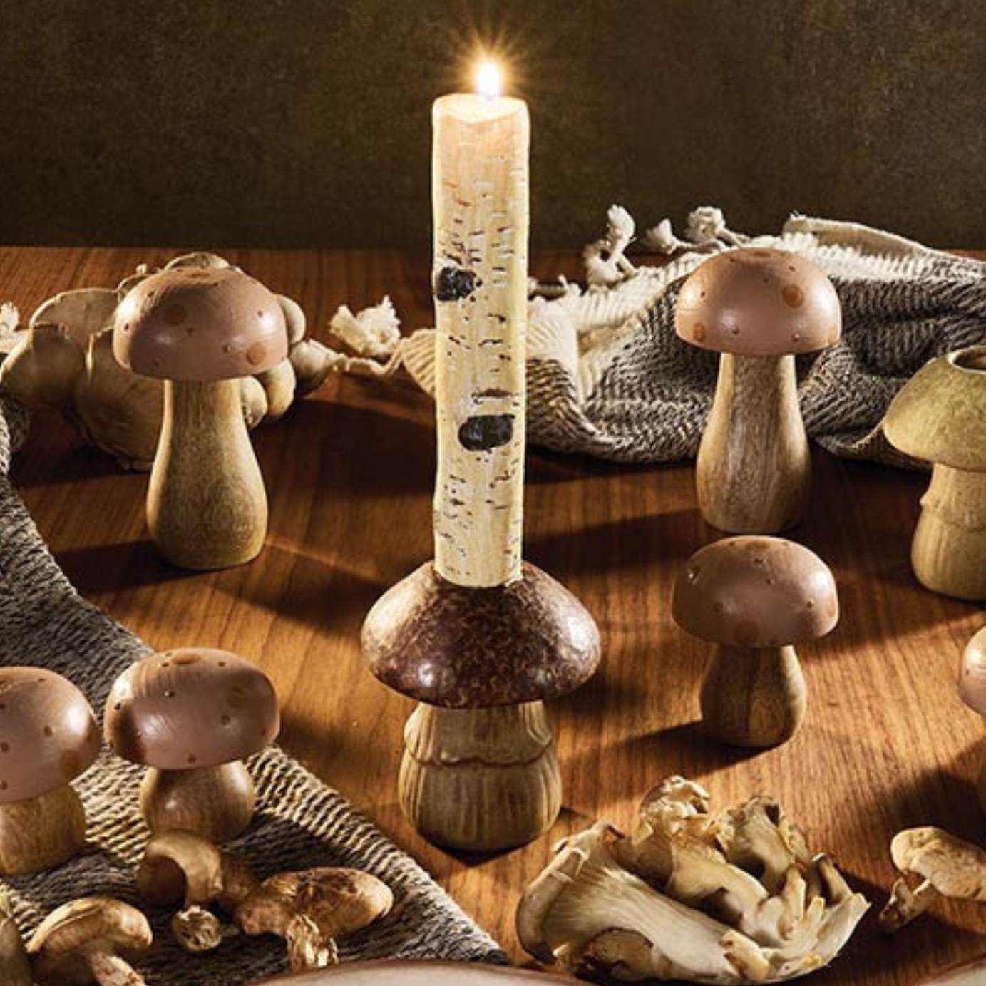 Single Brown Mushroom Candle Holder | Individual Rustic Stoneware Woodland Mushroom Décor