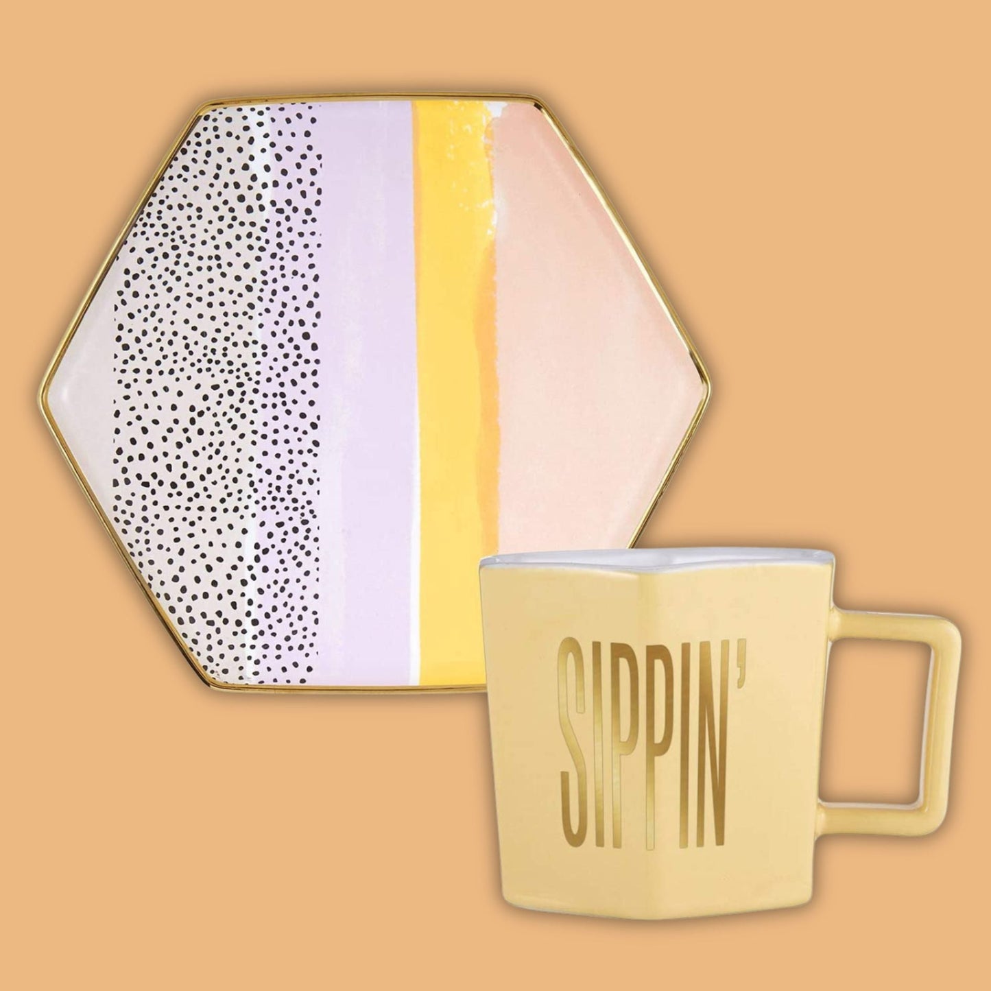 Sippin' Hexagon Mug and Saucer Set in Peach, Black Dot, and Honey