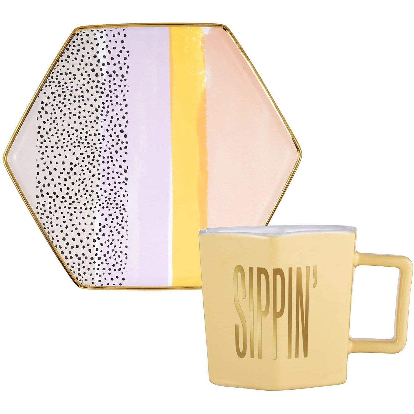 Sippin' Hexagon Mug and Saucer Set in Peach, Black Dot, and Honey