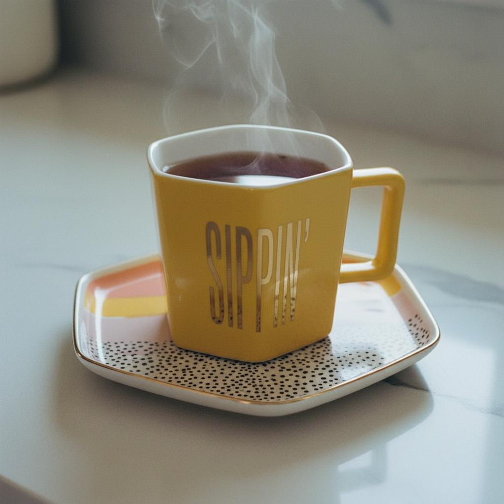 Sippin' Hexagon Mug and Saucer Set in Peach, Black Dot, and Honey | Gift for Her