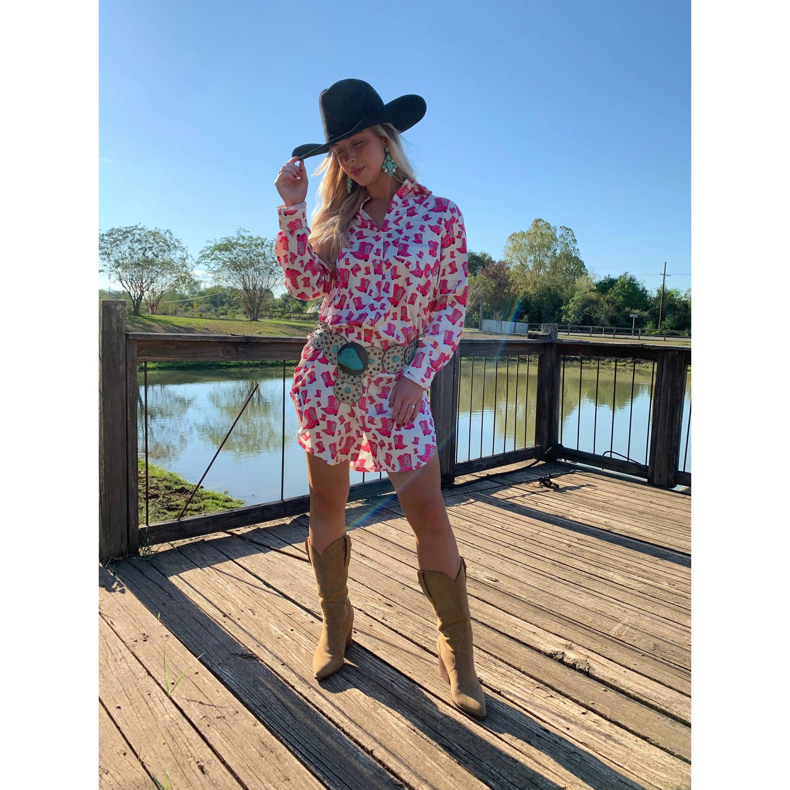 [Size 3X Only] Cowboy Killer Satin Shirt Dress in Pink | Long Sleeves Western Theme