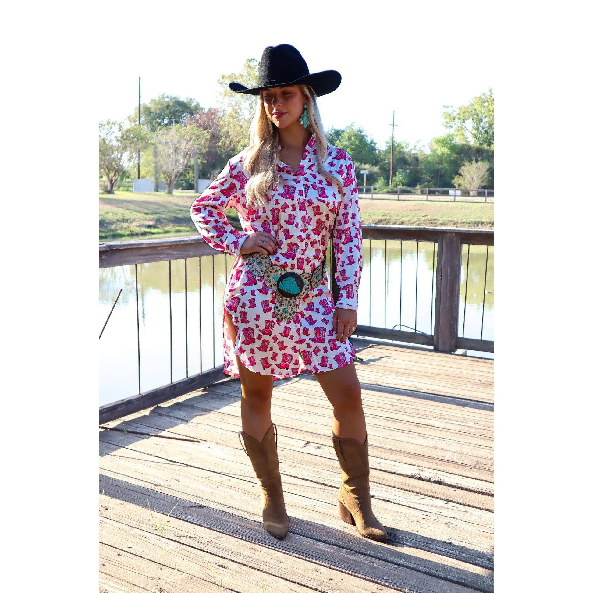 [Size 3X Only] Cowboy Killer Satin Shirt Dress in Pink | Long Sleeves Western Theme