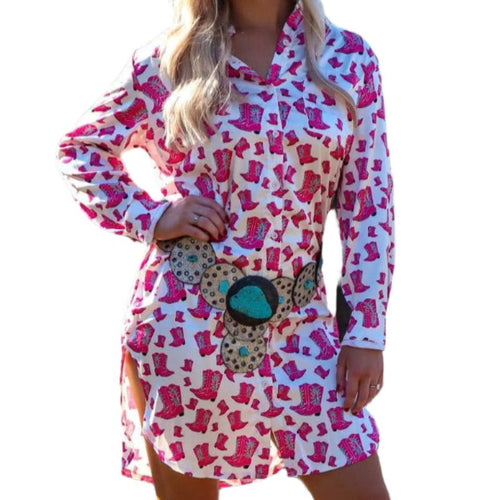 [Size 3X Only] Cowboy Killer Satin Shirt Dress in Pink | Long Sleeves Western Theme