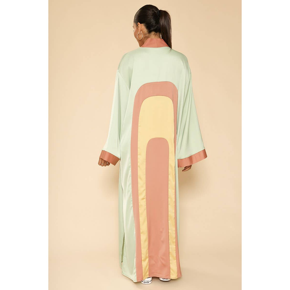 Miss Sparkling Retro Arch Kimono Big Long Textured Satin Duster | Light Jacket, Outdoor Robe, Swimsuit Coverup | Sizes SM-XL