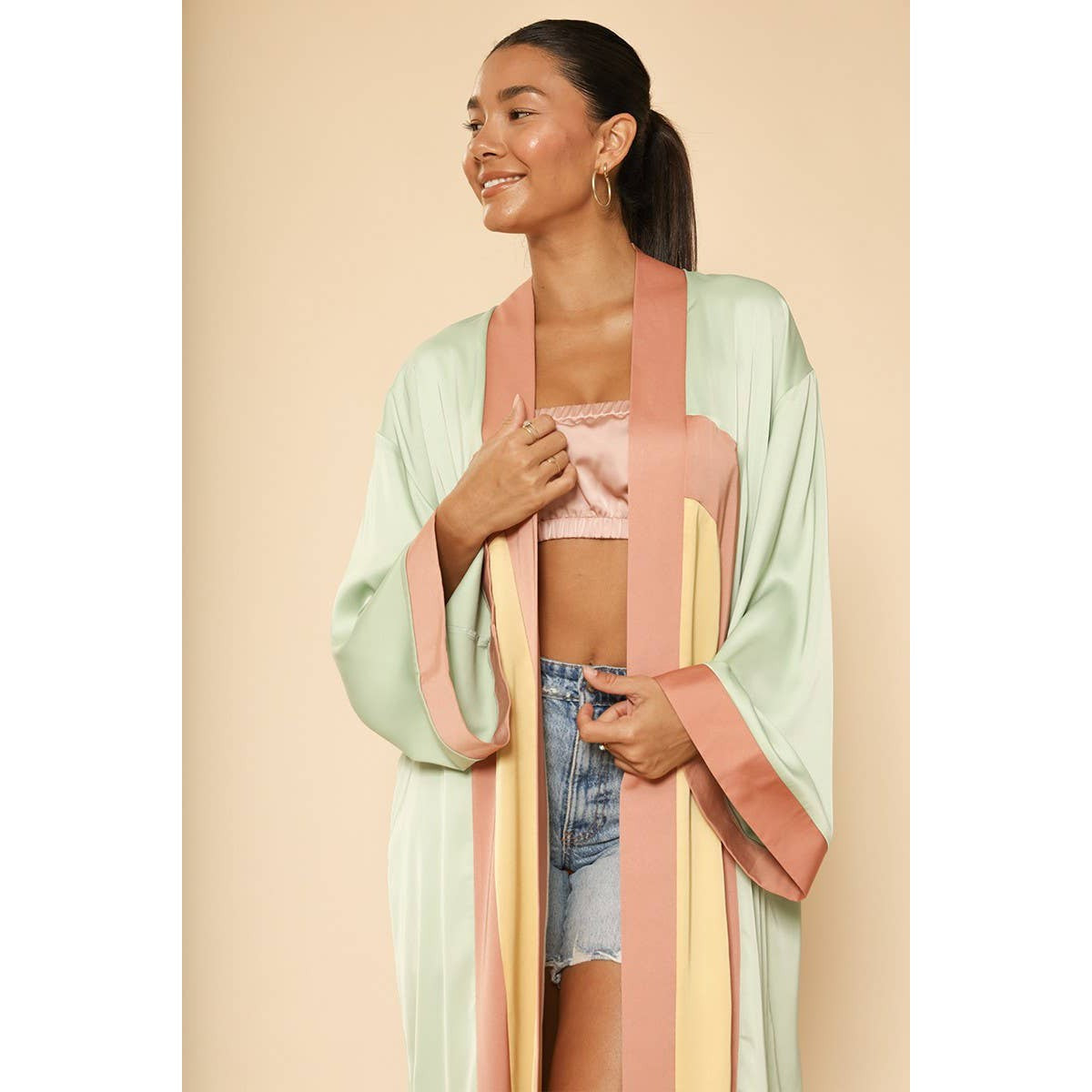 Miss Sparkling Retro Arch Kimono Big Long Textured Satin Duster | Light Jacket, Outdoor Robe, Swimsuit Coverup | Sizes SM-XL