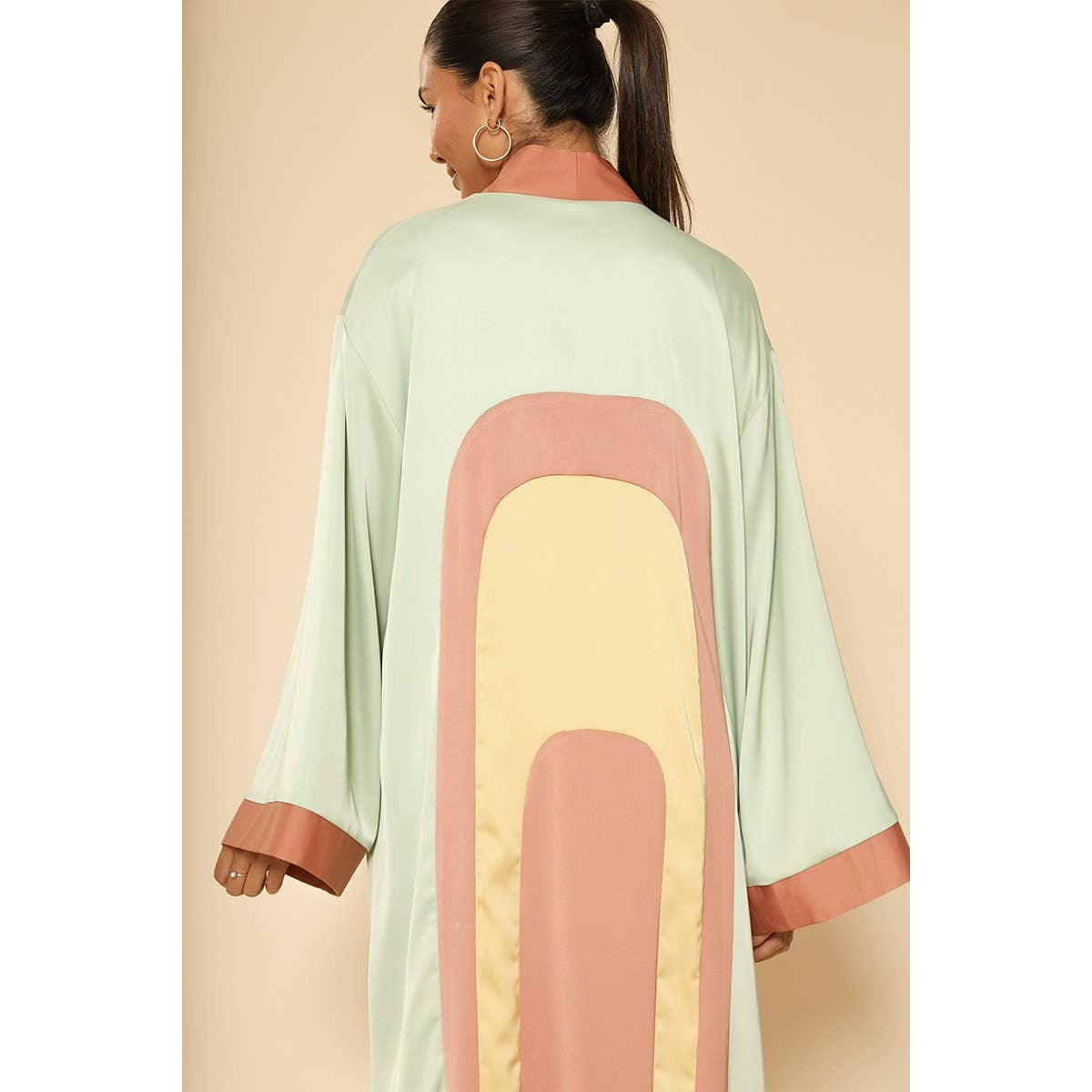 Miss Sparkling Retro Arch Kimono Big Long Textured Satin Duster | Light Jacket, Outdoor Robe, Swimsuit Coverup | Sizes SM-XL