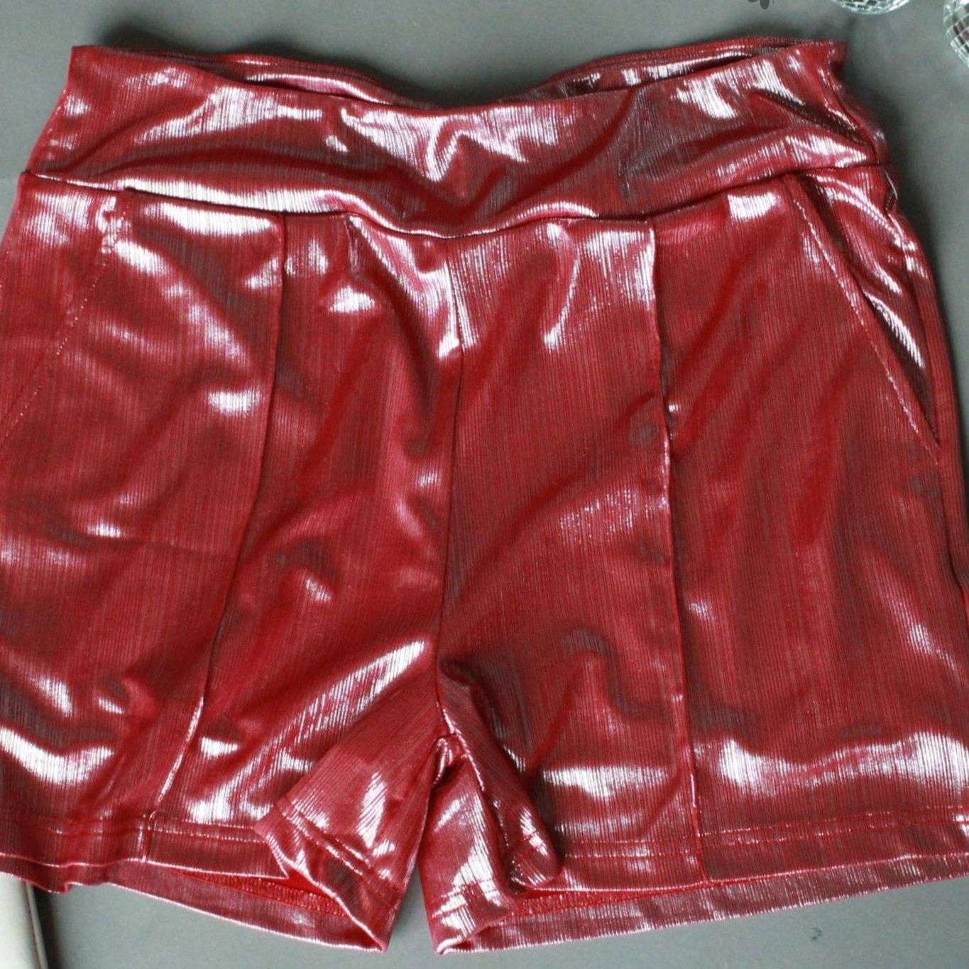 Shiny Short Firework in Red | Metallic Stretch Fabric [Size Options M-3X]