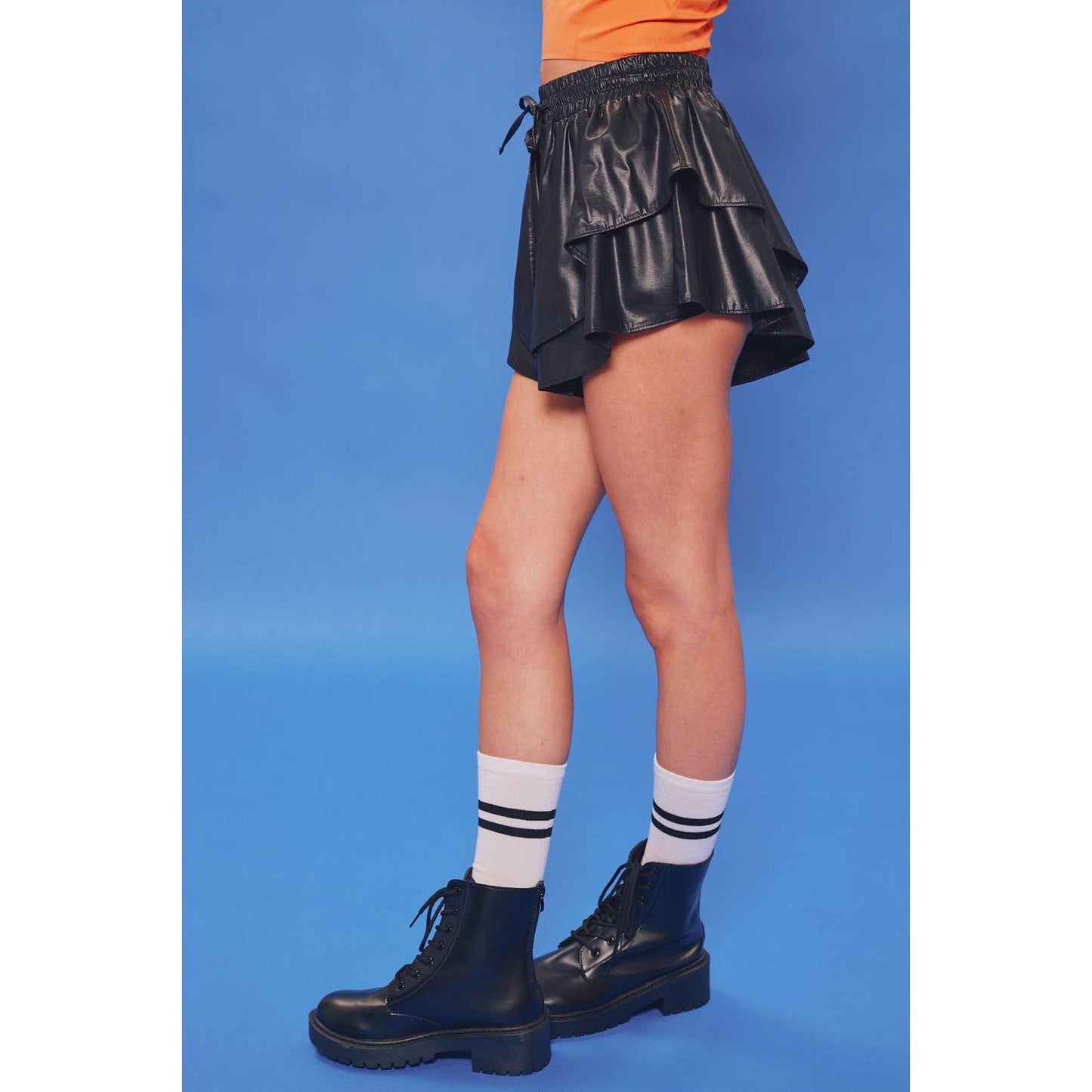 Drawstring Waisted Tiered Ruffle Faux Leather Shorts Skort in Black [Available in SM-L]