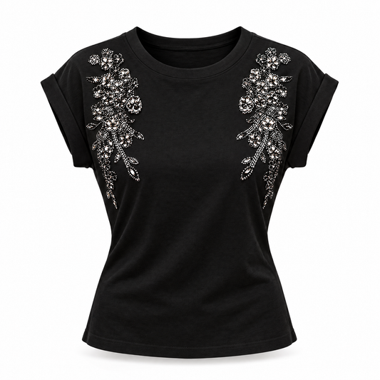 [Size SM remaining] Round-Neck Roll-up Rhinestone Detail Cotton Knit Top in Black-Vine & Love-The Bullish Store