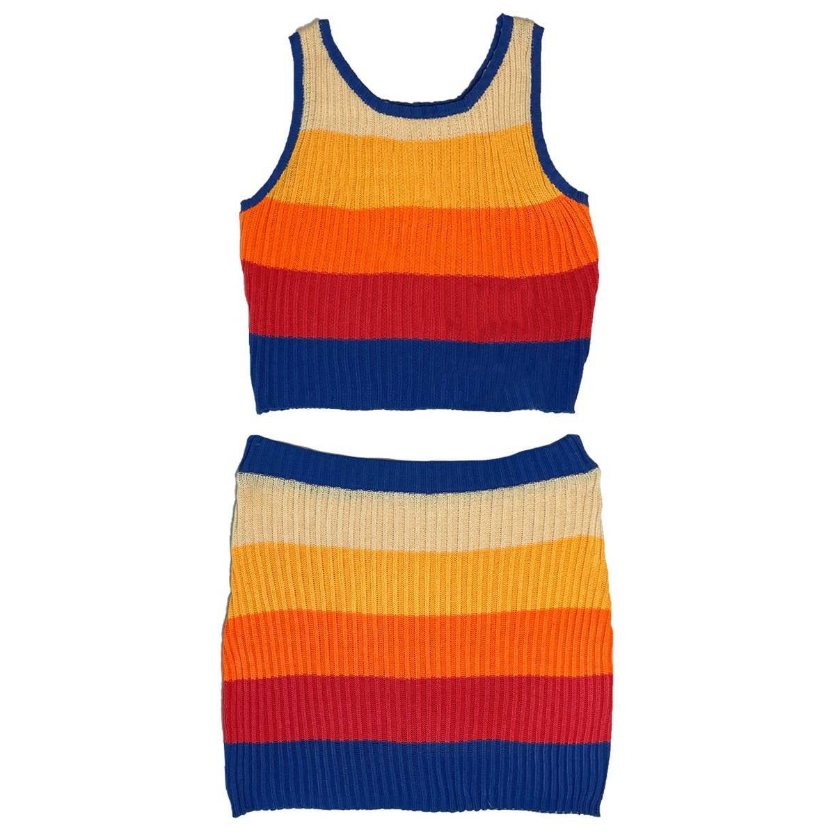 Miss Sparkling Rib Knit Set Skirt and Top | Orange and Blue Stripes [Sizes L and XL]