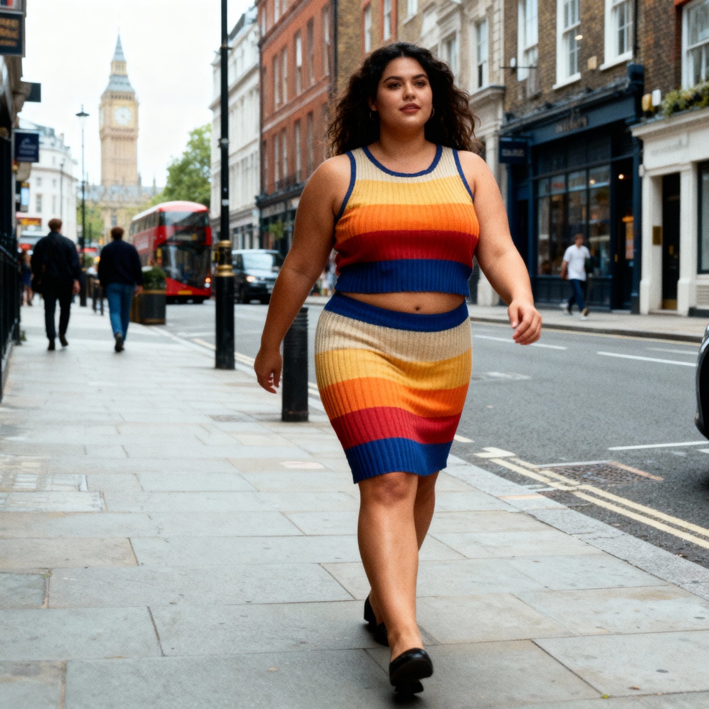 [Size XL Only] Rib Knit Set Skirt and Top | Orange and Blue Stripes