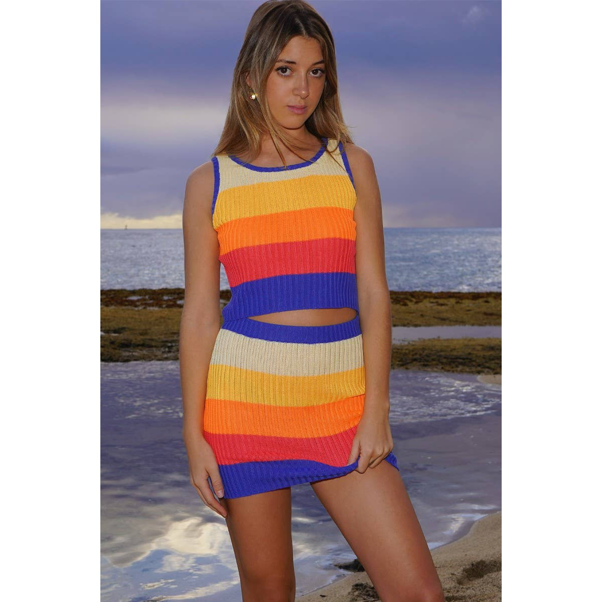 Miss Sparkling Rib Knit Set Skirt and Top | Orange and Blue Stripes [Sizes L and XL]