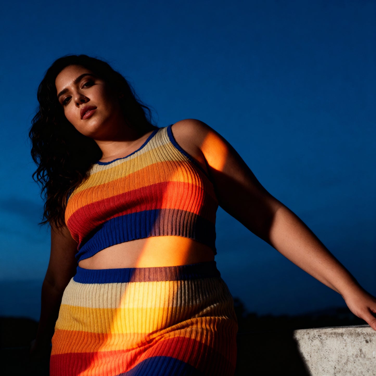 [Size XL Only] Rib Knit Set Skirt and Top | Orange and Blue Stripes