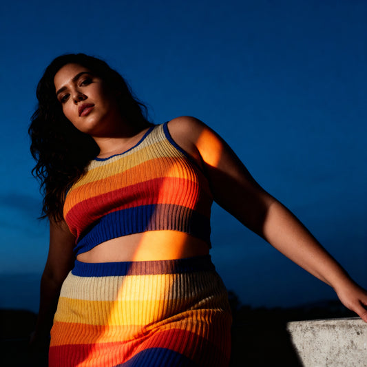 [Size XL Only] Rib Knit Set Skirt and Top | Orange and Blue Stripes