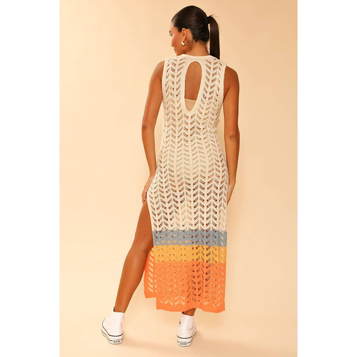 Miss Sparkling Cream Open Knit Color Block Cover Up | Long Swimsuit Summer Attire [Sizes M-XL]