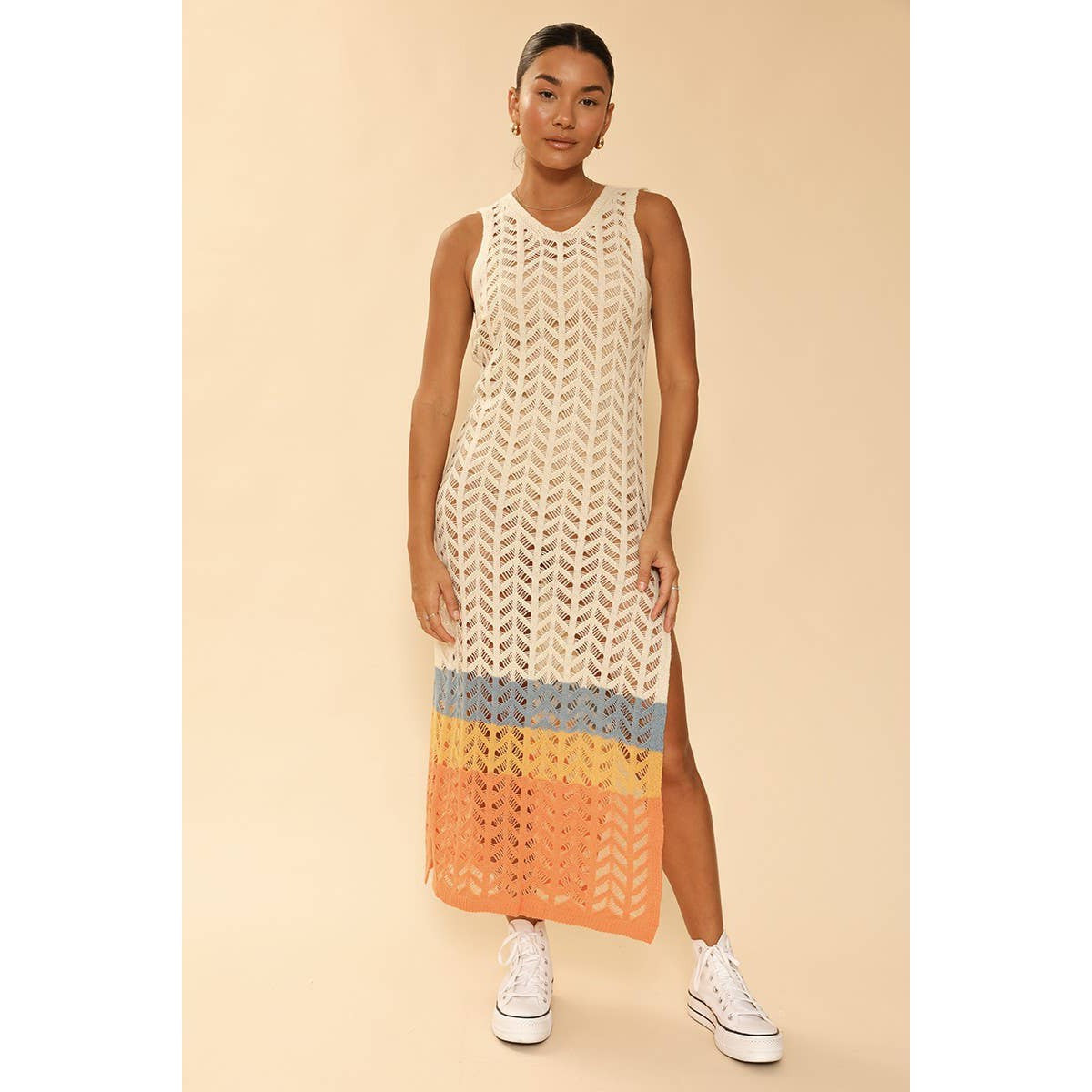 Miss Sparkling Cream Open Knit Color Block Cover Up | Long Swimsuit Summer Attire [Sizes M-XL]