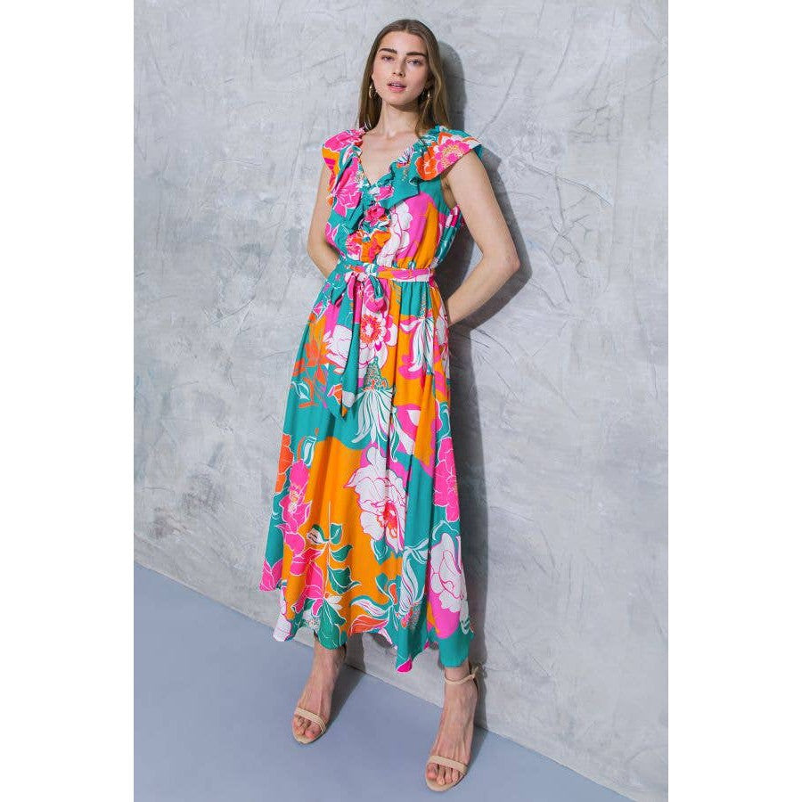 [Sizes SM-L] Floral Printed Woven Midi Dress in Teal Orange | Ruffled V Neckline Mid Calf