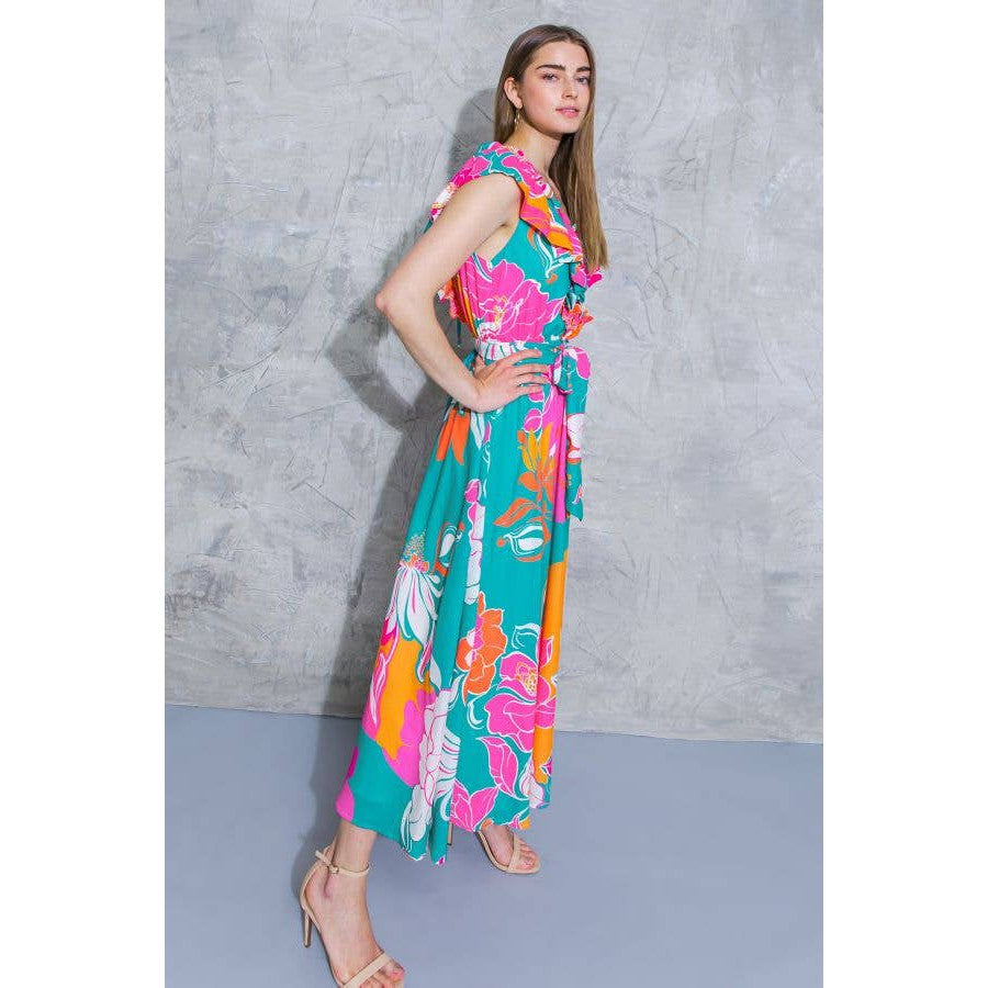 [Sizes SM-L] Floral Printed Woven Midi Dress in Teal Orange | Ruffled V Neckline Mid Calf