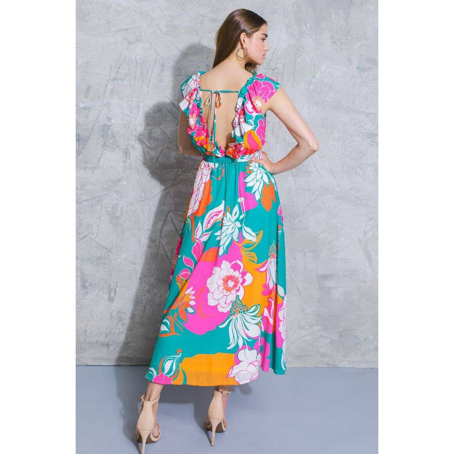 [Sizes SM-L] Floral Printed Woven Midi Dress in Teal Orange | Ruffled V Neckline Mid Calf