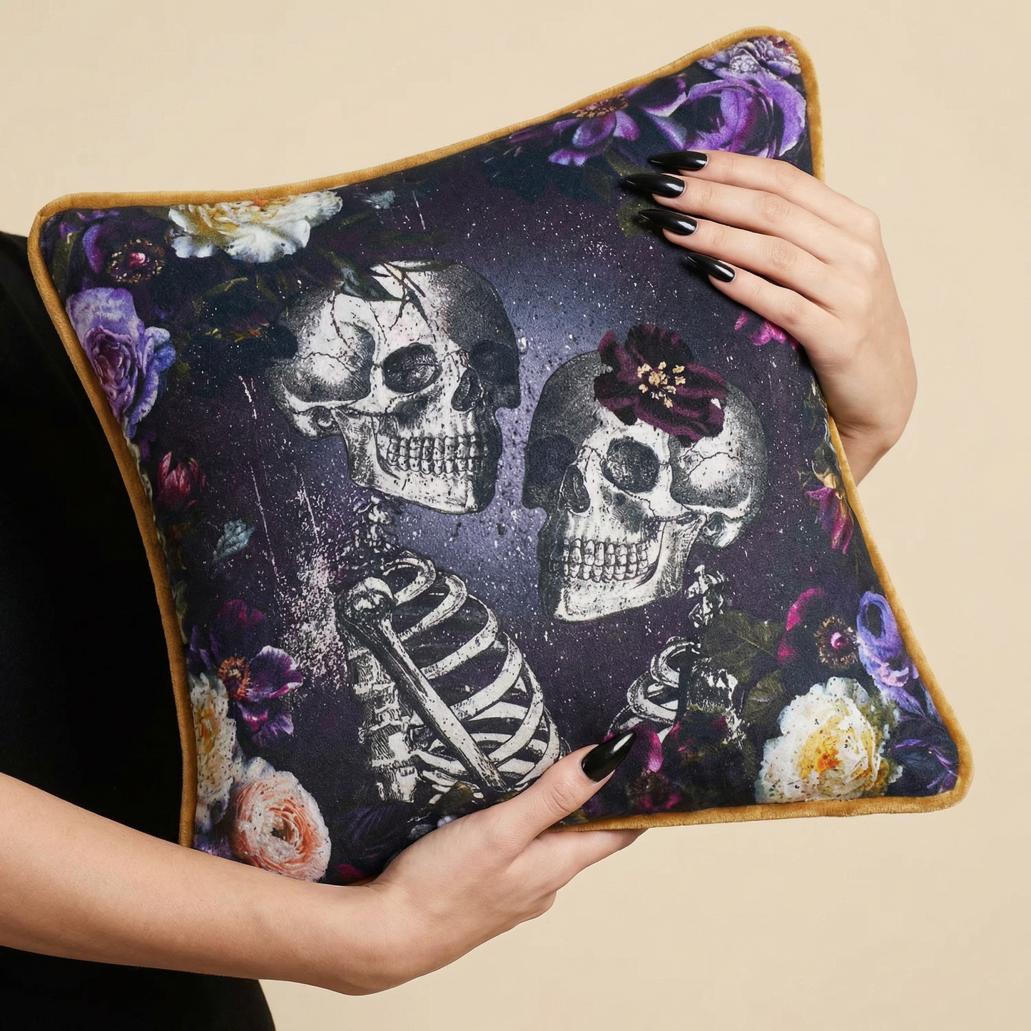 Skeleton Couple Halloween Throw Pillow | Romantic Gothic Decorative Pillow | 12"