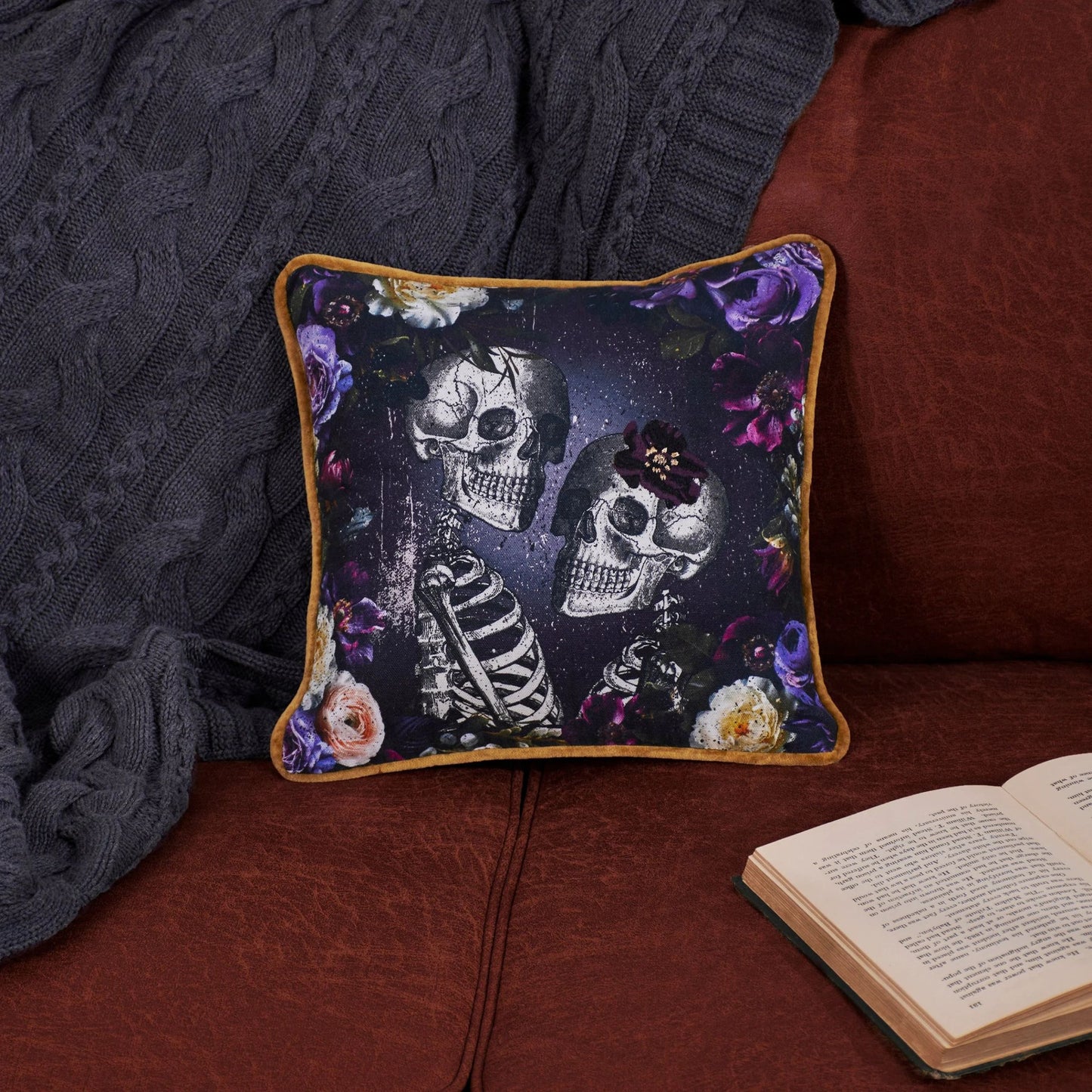 Skeleton Couple Halloween Throw Pillow | Romantic Gothic Decorative Pillow | 12"