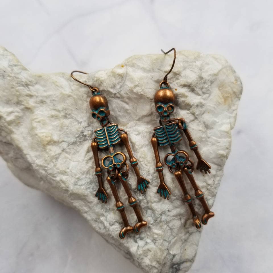 Skeleton Dangle Earrings | Vintage Goth Copper and Teal