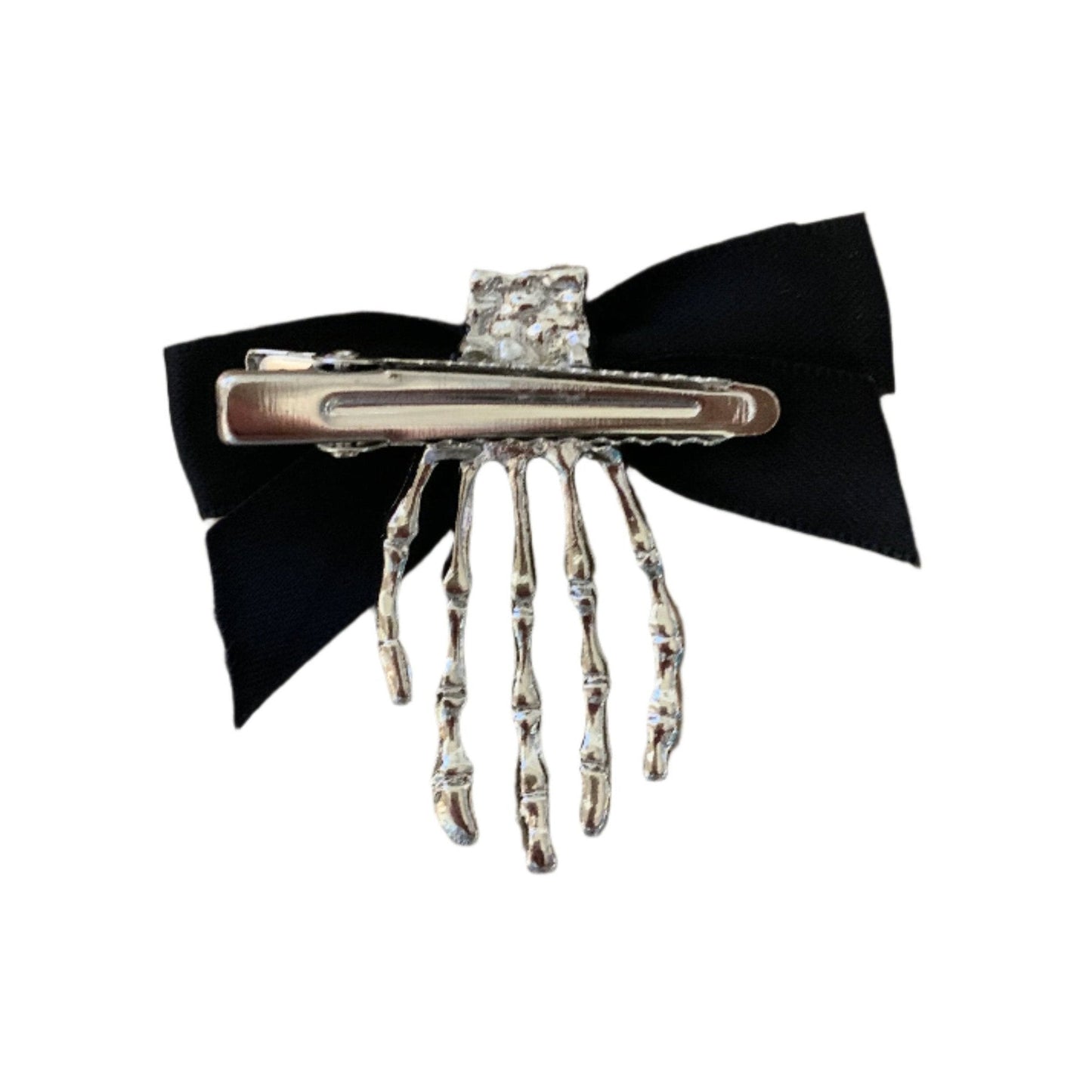 Skeleton Hand Bow Hair Clip | Spooky Halloween Gothic Barrette in Silver and Black