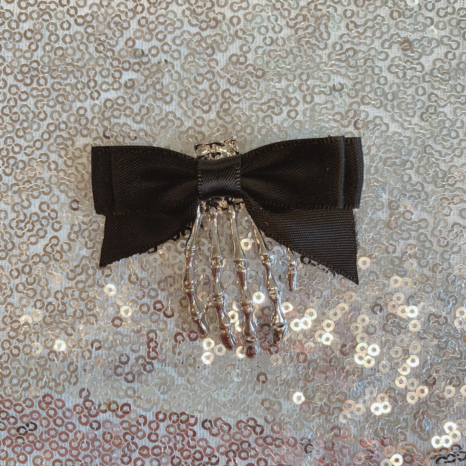 Skeleton Hand Bow Hair Clip | Spooky Halloween Gothic Barrette in Silver and Black